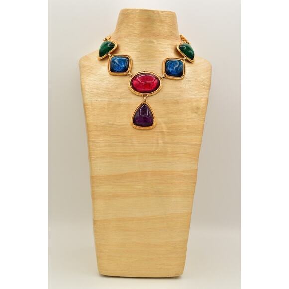 KJL Avon Cabochon Necklace Bib Multicolor Gripoix Jelly Gold Chunky Signed BinAU - Picture 8 of 12